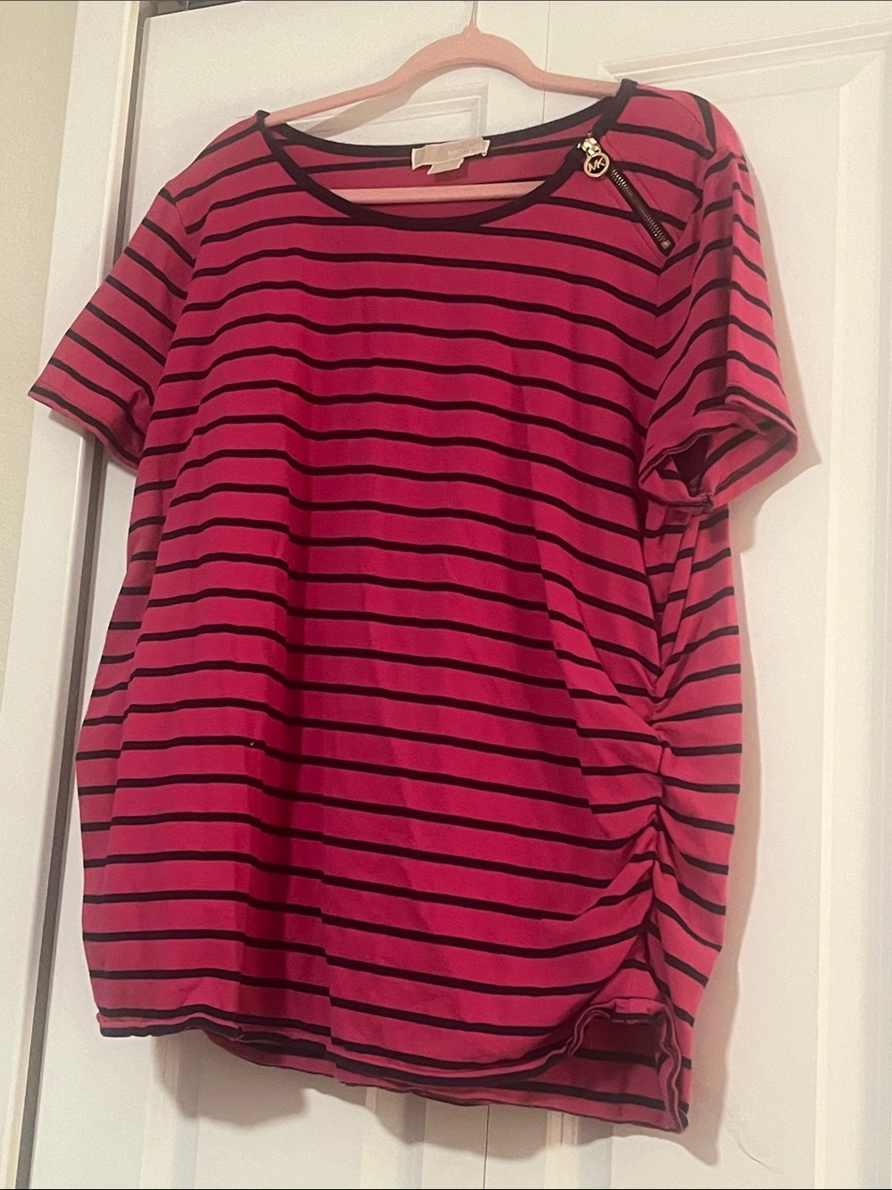 Michael Kors Pink & Black Striped Short Sleeve Side-Ruched Tee